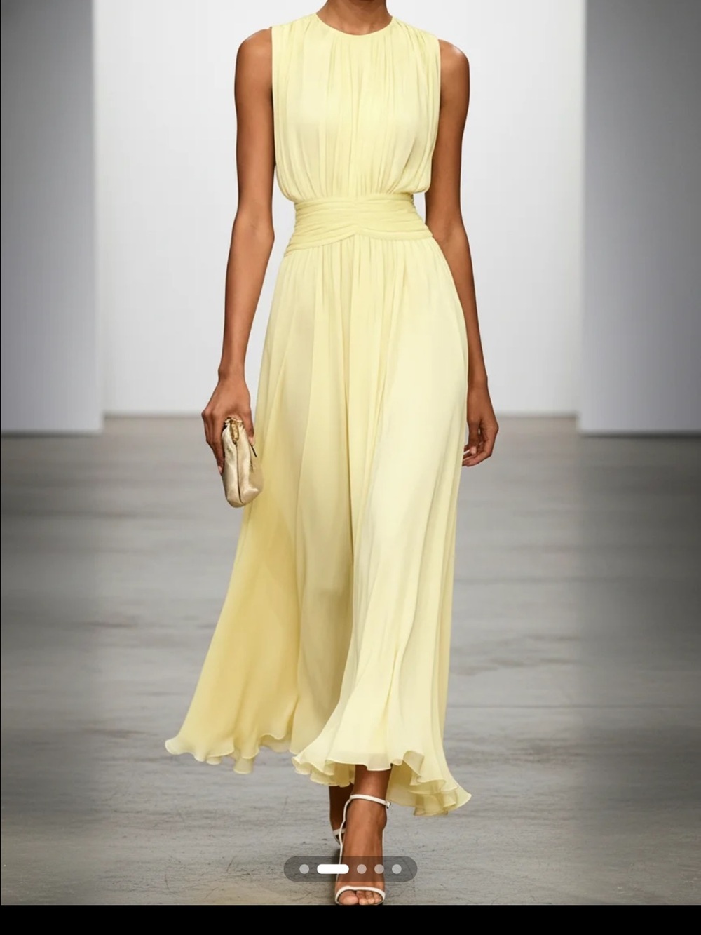 Fehaute Yellow Ruched Chiffon Crew Neck Sleeveless A-Line Maxi Dress